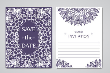 Template of wedding cards. Round oriental lace ornament with mandala. Decorative greeting design for thank you card, save the date card, mother day.
