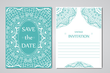 Template of wedding cards. Round oriental lace ornament with mandala. Decorative greeting design for thank you card, save the date card, mother day.