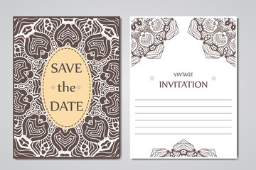 Template of wedding cards. Round oriental lace ornament with mandala. Decorative greeting design for thank you card, save the date card, mother day.