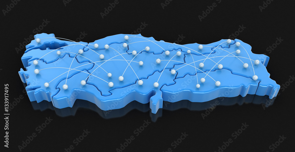 Poster map of turkey with flight paths. image with clipping path.