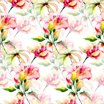 Seamless wallpaper with decorative LIly and Gerber flowers
