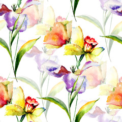 Summer seamless pattern with Tulip and Narcissus flowers