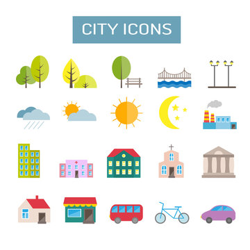 Collection of colorful vector flat city icons for web, print, mobile applications