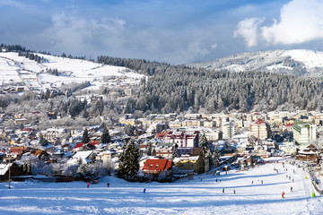 Vatra Dornei in winter time with snow, view from top of the sky slope, romania