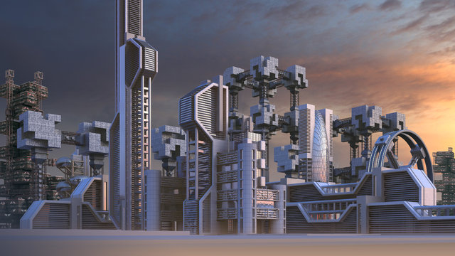 3D Illustration of a futuristic city skyline architecture with skyscrapers and modern glass structures, for fantasy or science fiction backgrounds