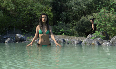 3d render of a stunning nature scene with forest faun looking at beautiful woman entering the lake water