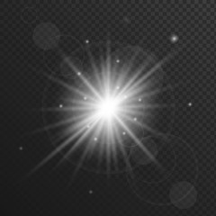 Light flare or star explosion with glowing sparkles and lens flare effect. White burst on transparent background