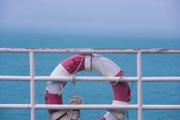Lifebuoy on the yacht with sea scape backgroun
