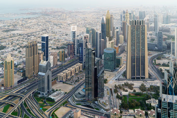 Naklejka na ściany i meble Dubai early morning aerial cityscape view