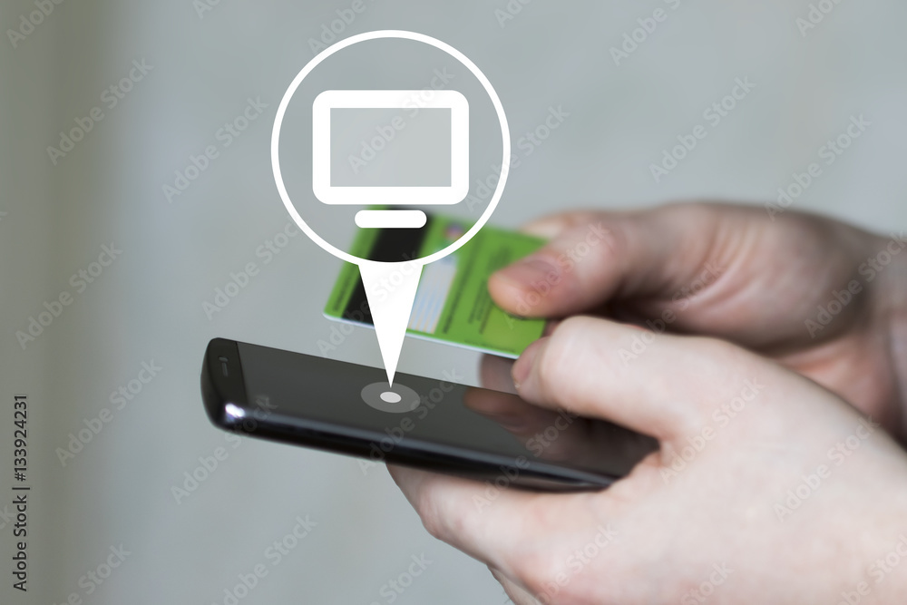 Poster businessman pressing button media connection computer virtual from the phone to a credit card