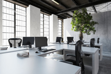 Modern office interior with dark ceiling