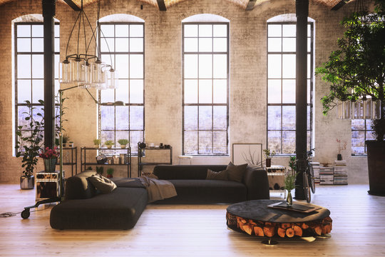 Converted loft interior with high graceful windows