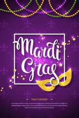 Mardi gras brochure. Vector logo with hand drawn lettering and golden fat tuesday symbols. Greeting card with shining beads on traditional colors background - obrazy, fototapety, plakaty