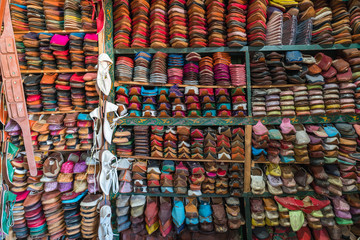 Fototapeta na wymiar The colorful traditional leather product sell in the Medina in Fes, Morocco 