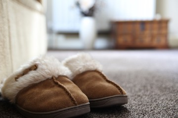 Generic ladies suede slippers on carpet next to sofa in a nice l