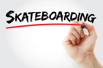 Hand writing Skateboarding with marker, sport concept background