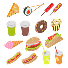 Unhealthy Food and Drinks Set. Vector Illustration