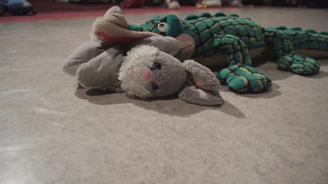 Plush crocodile eats the rabbit toy
