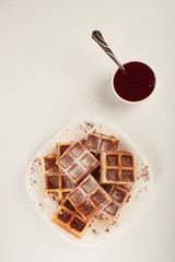 Belgian waffles with grated chocolate and icing on a white plate