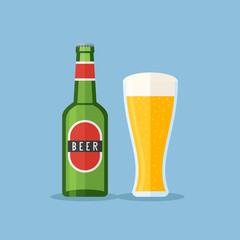 Bottle and glass with beer on blue background. Flat style vector illustration.