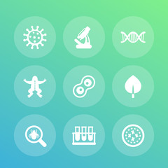 Biology icons set, cell division, microscope, test-tubes, virus, microbe, microorganism pictograms, vector illustration