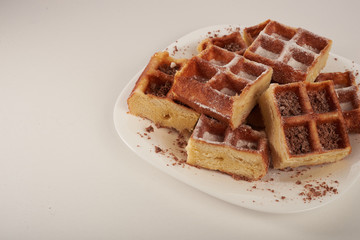 Belgian waffles with grated chocolate and icing on a white plate