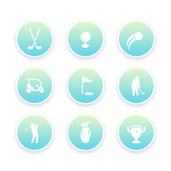Golf icons set, golfer, player with club, golf bag, round pictograms