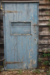 decaying blue shed door