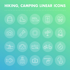 Hiking, camping, outdoor line icons set, backpack, flashlight, tent, map, trail, kayak, forest, fishing, journey, camper, vector illustration