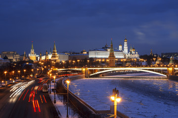 Top view of night wintry Moscow, the Kremlin, Big Stone bridge and Prechistenskaya embankment and...