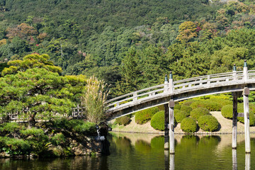 Fototapeta na wymiar Ritsurin Garden and wooden bridge