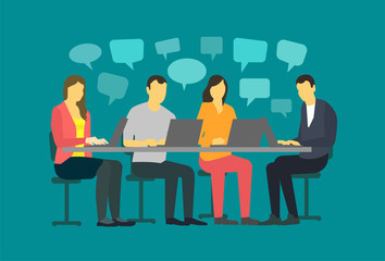 Four people sit at the laptop talking. Communication with speech bubbles.