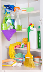 Cleaning tools and products in storage place