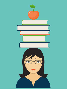 sad girl with books and apple