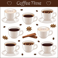Obraz premium Coffee set with different coffee cups, coffee beans, stars anise and sticks of cinnamon isolated on white background. Vector illustration.
