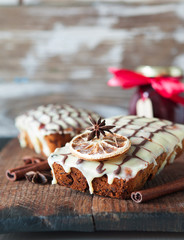 Fruitcake decorated with white and dark chocolate
