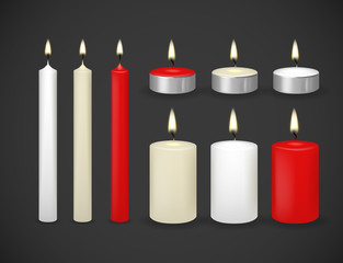 Candles flame realistic set isolated on dark background vector 3