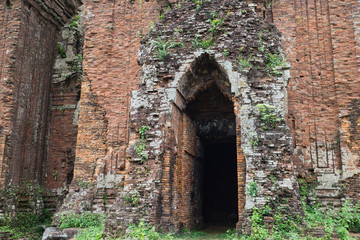 Closed entrance view of Chien Dan, Champa ancient tower in Quang Nam, Vietnam, is a group of three towers from the ancient Champa civilization.