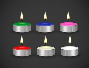 Candles flame realistic set isolated on dark background vector 3