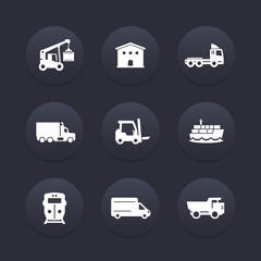 transportation, logistics icons set, warehouse, cargo train, ship, truck, loader, van