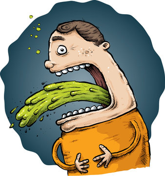 A sick, cartoon man vomits a huge stream of green puke.