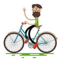 Hipster Man Riding Retro Bike Isolated on White Background. Vector Cartoon.
