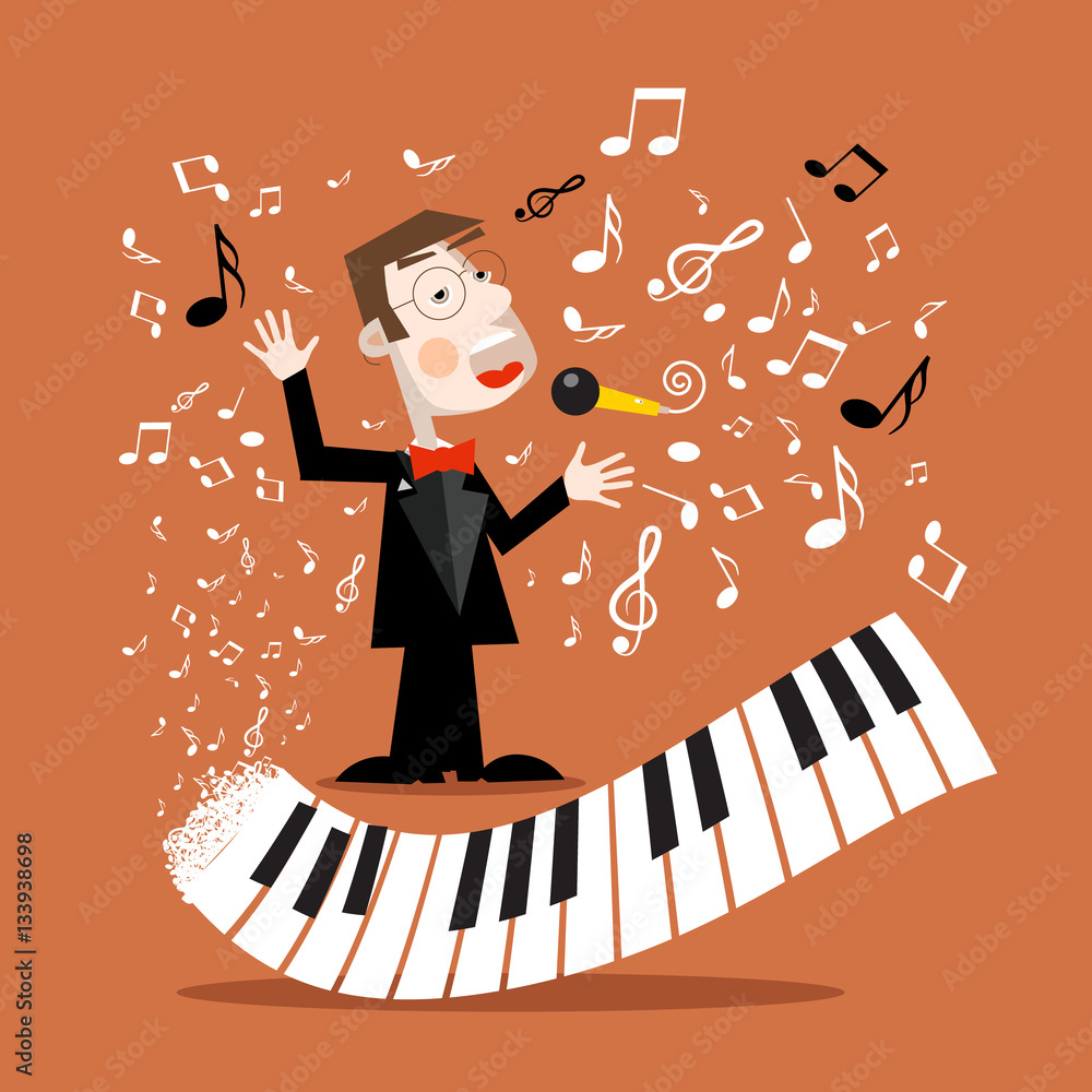 Poster music background with abstract piano keyboard and notes. vector singer with microphone.