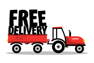 Free Delivery.Vector Funky Symbol with Tractor Isolated on White Background.
