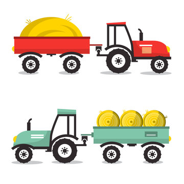 Vector Tractor with Dray. Flat Design Flat Design Tractors Isolated on White Background.