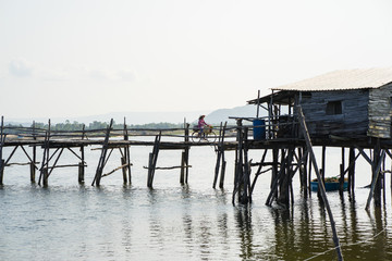 Fototapeta premium Phu Yen, Vietnam - Mar 31, 2016: Ong Cop bridge ( Mr Tiger 's wooden bridge), the longest wooden bridge in Vietnam. A woman cycling on the bridge