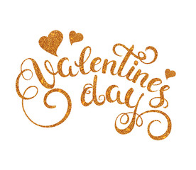 Happy valentines day gold glitter texture handwritten text isolated on white background. Holiday callygraphy lettering with hearts. Vector illustration.