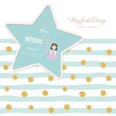 Cute template for notebook cover  girls. My first Diary. Included striped seamless pattern with glitter confetti polka dot.
