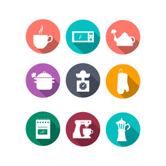 Set of kitchen icons with long shadow in flat design. Round icons