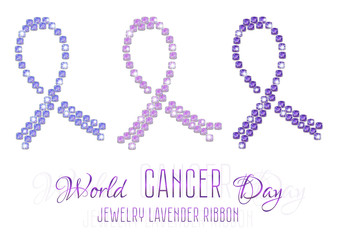 Set of lavender ribbon from precious stones in several different versions and tints of lilac isolated on white. World Cancer Day. Vector illustration © Danee